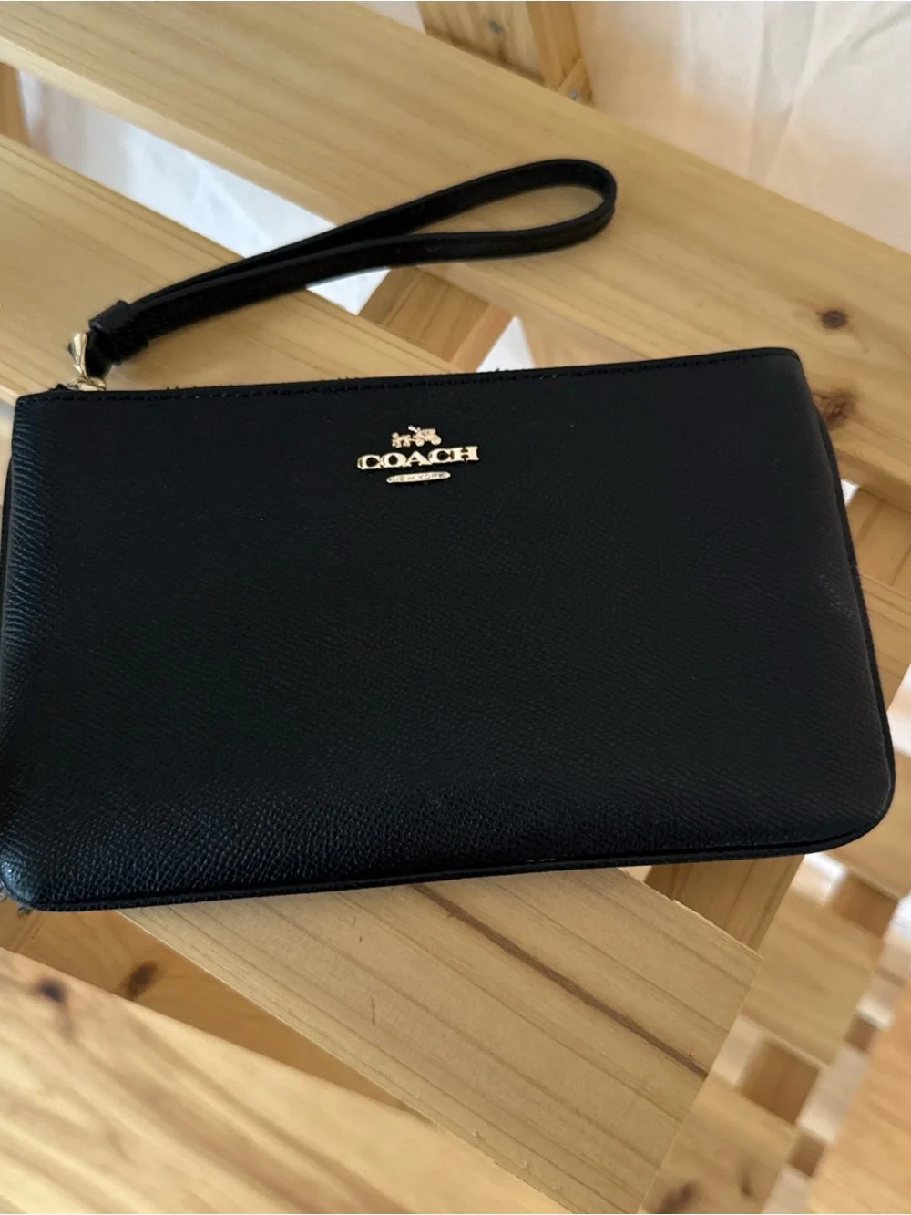 Coach Black Leather Wristlet with Gold Logo